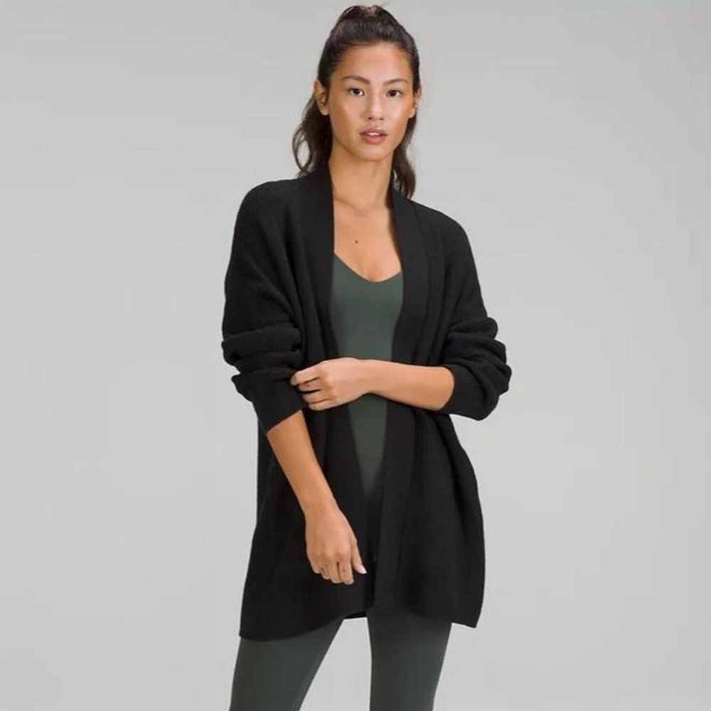 Lululemon Black Knit WrapCardigan 6 Oversized Cozy Merino Wool Ribbed